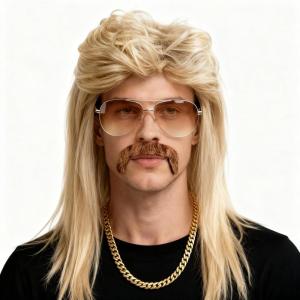 5pcs Kit Perruque Hommes Blonde Mulet Années 80 – Perruque Disco, Longue Perruque Blonde, Lunettes de Soleil, Collier, Barbe – Costume Cosplay Halloween, Fête Déguisée, Style Rock 80s
